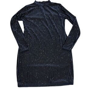 Sparkling navy Long Sleeve Dress mockneck pin stripe midi sparkle holiday party